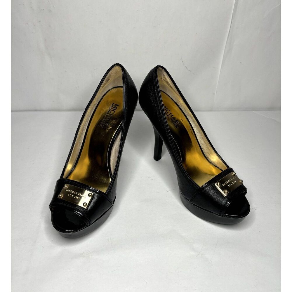 Michael Kors Black Peep Toe Stiletto Heels With Gold Name Plate And Interior